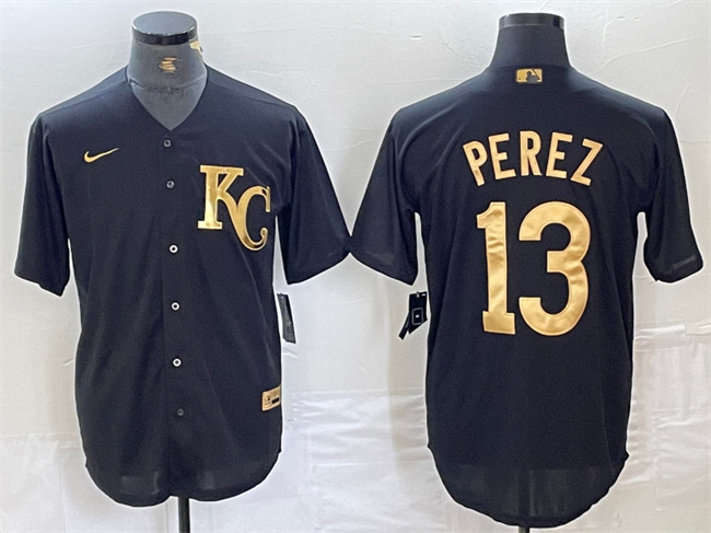 Men's Kansas City Royals #13 Salvador Perez Black Cool Base Stitched Jersey